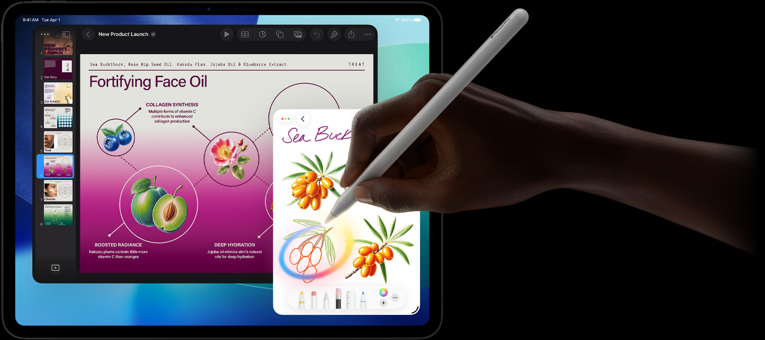 „iPad Pro“, priekinė pusė, ekranas su tamsiai mėlynu ir žaliu gradientiniu fonu, kuriame atidarytos kelios programos, ranka, laikanti „Apple Pencil Pro“, braižanti eskizą, siekiant parodyti „Vaizdų magijos“ funkciją „Apple Intelligence“