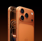 iPhone 17 Pro, Cosmic Orange colour, back angled exterior, Pro Fusion camera system in plateau at top, Camera Control button, front side exterior all screen design, Action and volume buttons