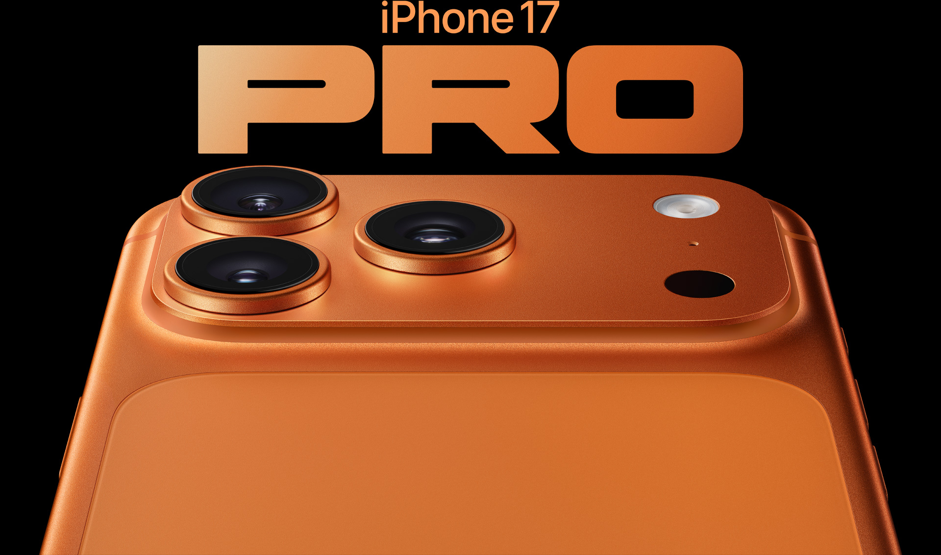 iPhone 17 Pro, Cosmic Orange, partial back exterior, Pro camera system in top left corner, 3 lenses, microphone, flash