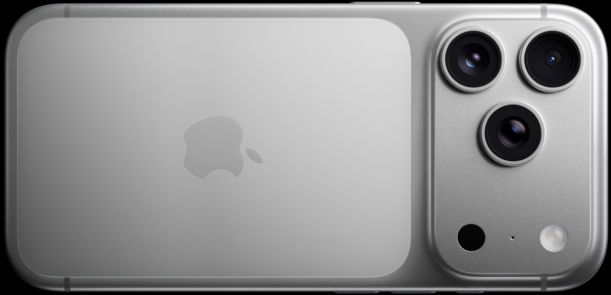 iPhone 17 Pro, srebrna, vanjski izgled, sustav kamera Pro Fusion, 3 leće, mikrofon, bljeskalica