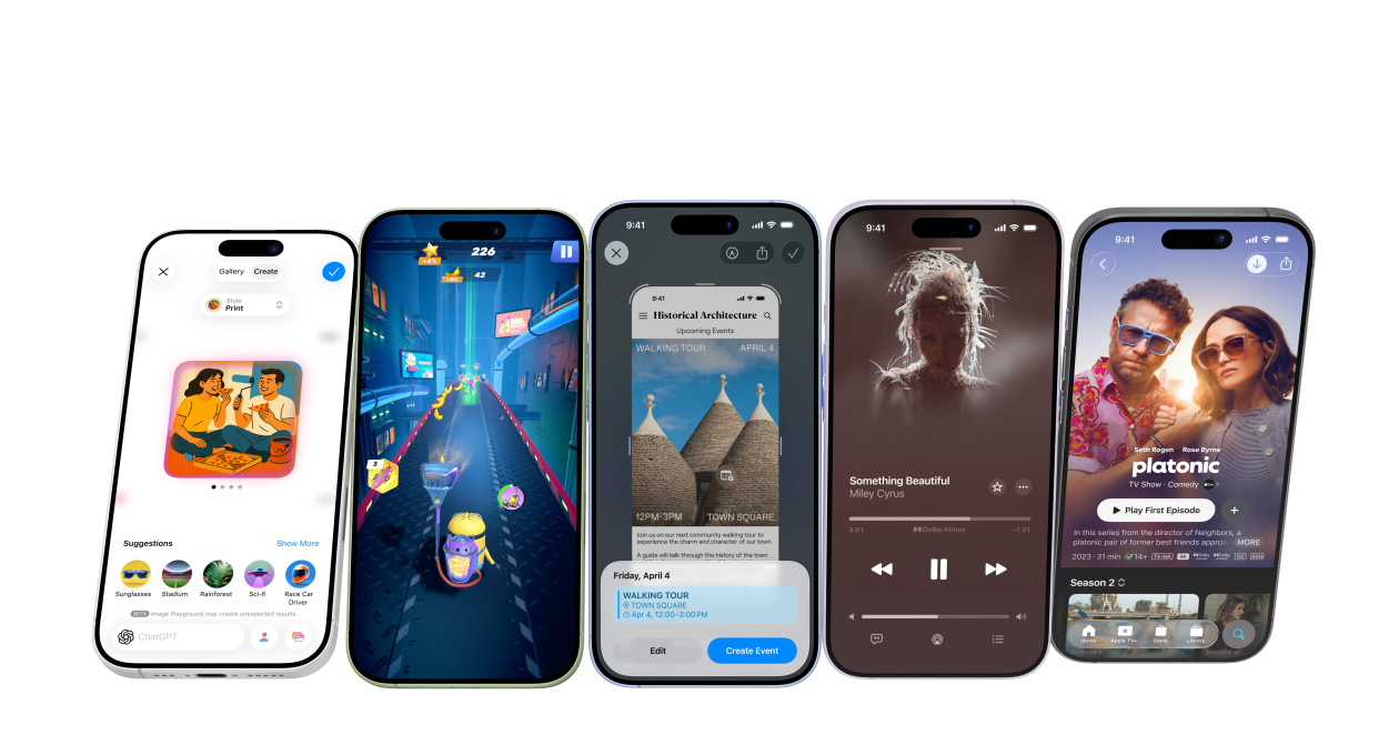 Įvairių spalvų „iPhone 17“ telefonai. Ekranuose rodomos įvairios programos