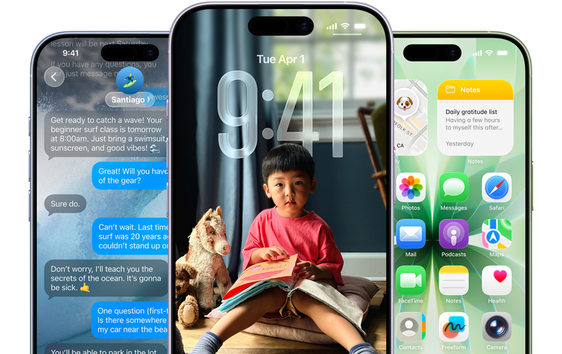 Συσκευές iPhone 17, εξωτερική μπροστινή όψη, χρώματα: γκρι μπλε, λεβάντα, φασκόμηλο, λειτουργίες iOS, παρασκήνιο με μηνύματα, Liquid Glass που εμφανίζει την Οθόνη Κλειδώματος και την Οθόνη Αφετηρίας με διάφορα apps