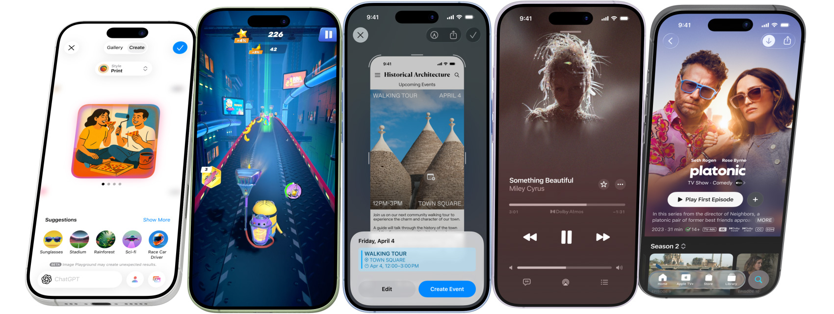„iPhone 17“ telefonai sukasi per horizontalią ašį, sustojama parodant ekranus, kuriuose matomos „iPhone“ savybės