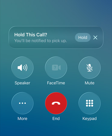 Aplicația Telefon afișând funcția Asistență reținere apel în utilizare