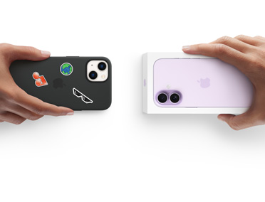 Side om side, hånd holder iPhone 13 med silikondeksel med klistremerker på baksiden, innbytte med hånd som holder ny iPhone-eske for iPhone 17