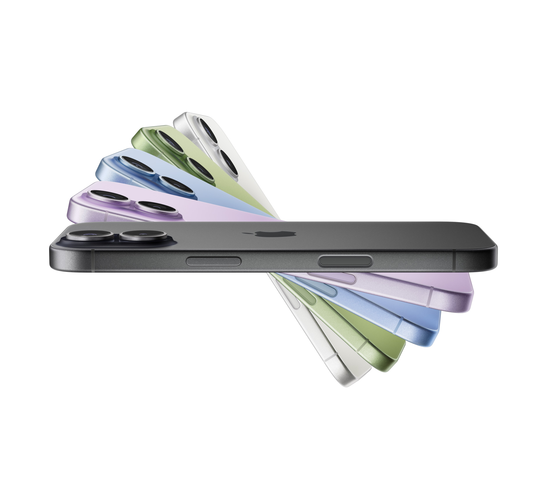 iPhone 17-enheter spredt ut i vifteform, i fargene svart, lavendel, duggblå, salvie og hvit.