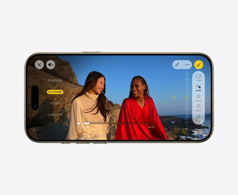 iPhone Air, sedd framifrån, proffsvideo med funktionen ljudmix som används