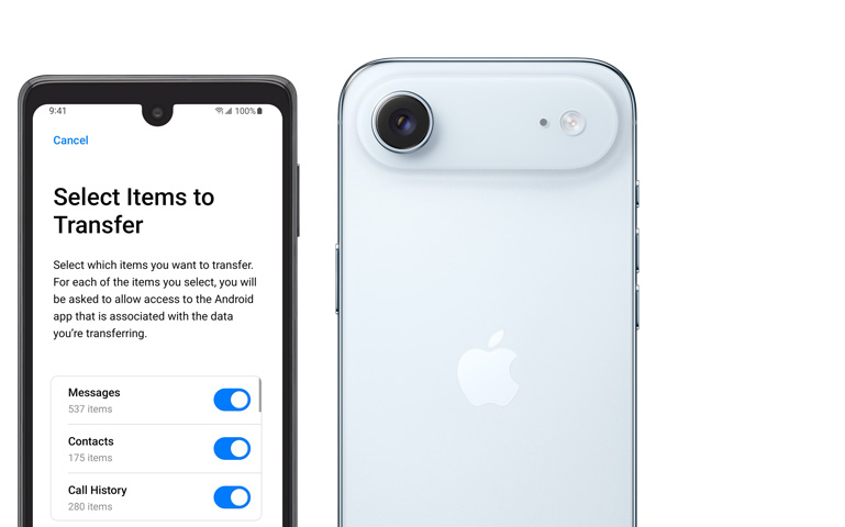 Ein Android Display zeigt die «Auf iOS übertragen» App, daneben eine iPhone Air Rückseite, Fusion Kamera-System im erhöhten Plateau, Kamerablitz
