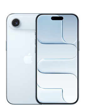 iPhone Air, back exterior, Sky Blue color, Fusion camera system at top, centered Apple logo, front exterior, Sky Blue color, Dynamic Island centered at top