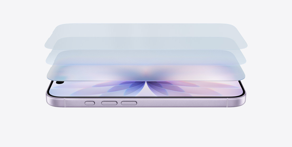 iPhone 17 horizontal on its side in Lavender finish, with a layered design showcasing Ceramic Shield 2