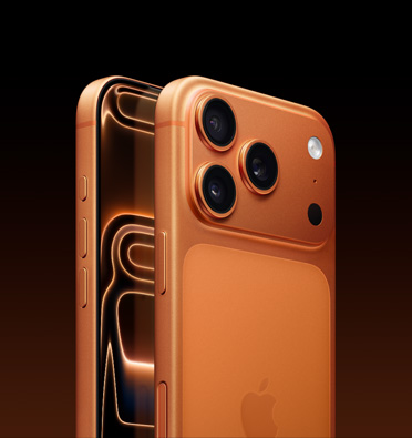 iPhone 17 Pro in cosmic orange finish showing partial screen display and side angle shows Action button, volume button and side button. Back exterior shows Pro camera system in top left corner.