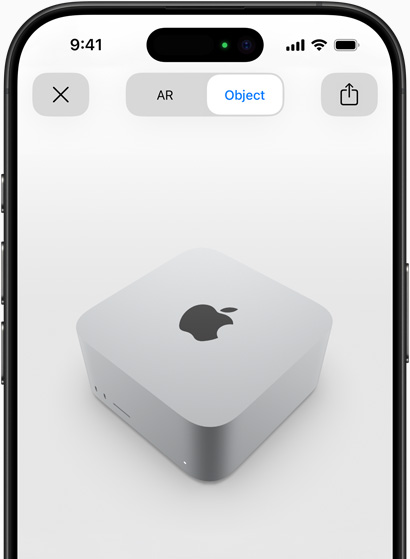 En forhåndsvisning av Mac Studio vist i utvidet virkelighet (AR) på iPhone
