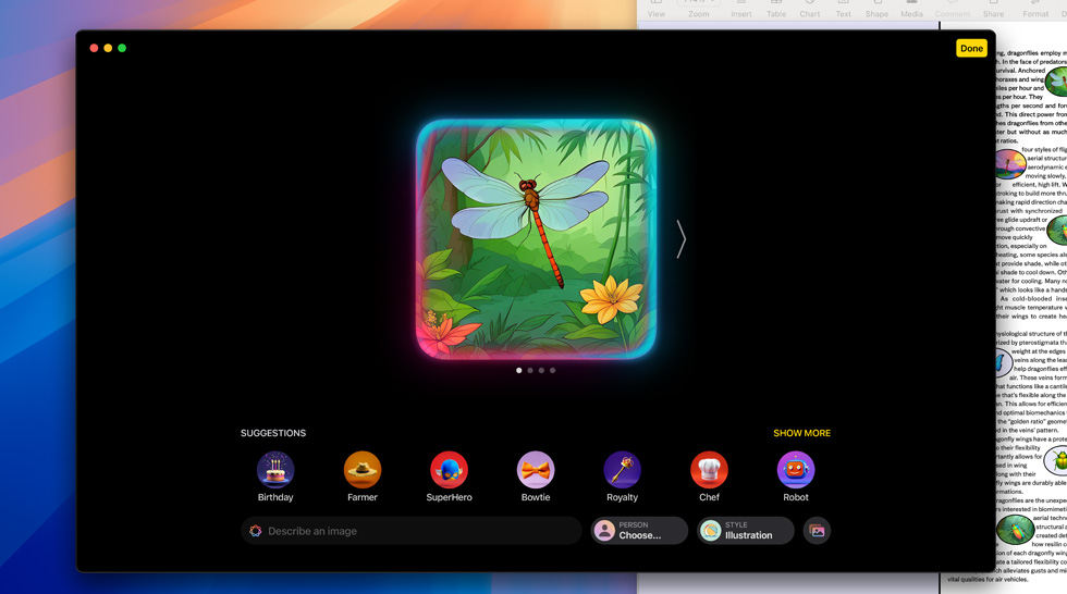 Generiranje slike vretenca uz pomoć značajke Apple Intelligence Image Playground