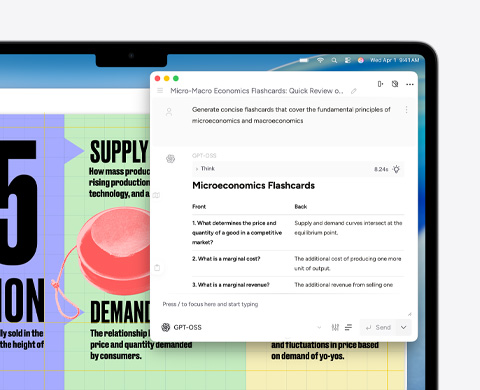 미시 경제학 및 거시 경제학에 관한 플래시 카드를 생성하는 Apple Intelligence 글쓰기 도구를 보여주는 MacBook Air 화면