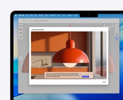 Image Playground의 화면에 매달린 조명 이미지와 생성형 렌더링 텍스트가 표시된 모습