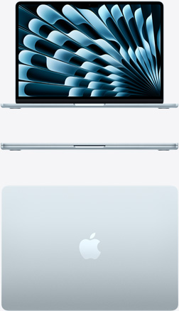 스카이 블루 색상 MacBook Air를 정면에서 바라본 모습과 위에서 내려다본 모습