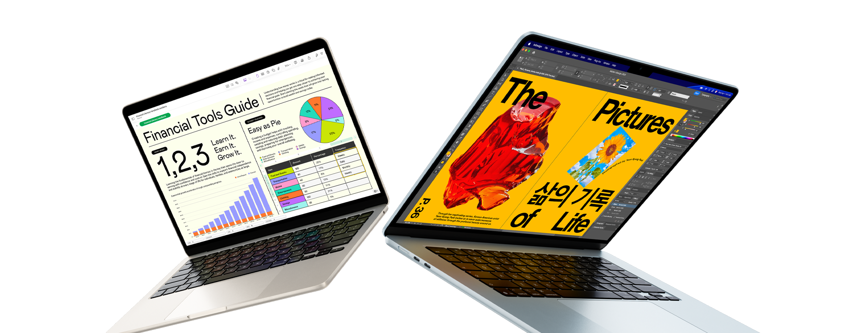 MacBook Air 13 및 15 노트북. 한 대의 화면에는 Numbers 작업이, 다른 한 대의 화면에는 디자인 작업이 표시되어 있습니다