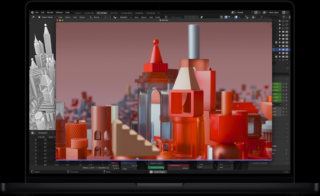 شاشة MacBook Pro تعرض استخدام تطبيق Blender لإنشاء رسوم متحركة ثلاثية الأبعاد