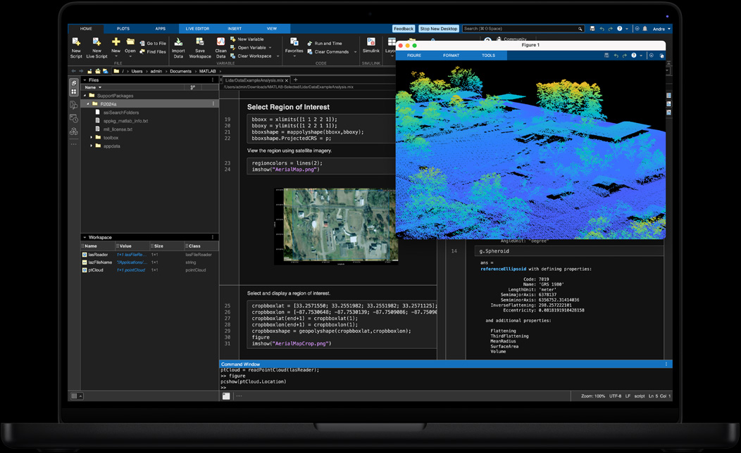 شاشة MacBook Pro تعرض استخدام MATLAB لمعالجة البيانات الجغرافية المكانية وعرضها