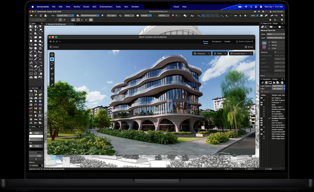 MacBook Pro 螢幕展示配以 Maxon Redshift 的 Vectorworks Design Suite