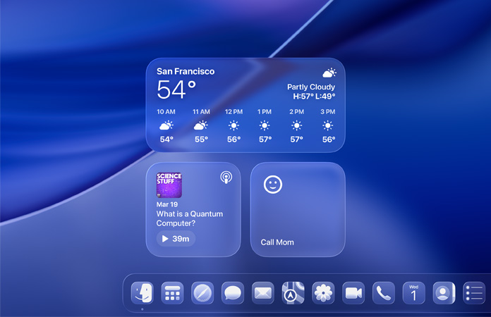 Liquid Glass Weather, Podcasts and Reminders widgets on macOS Tahoe screen