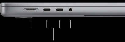 MacBook Pro 16-inch, closed, left side, showing MagSafe 3 port, two Thunderbolt 5 ports, and headphone jack