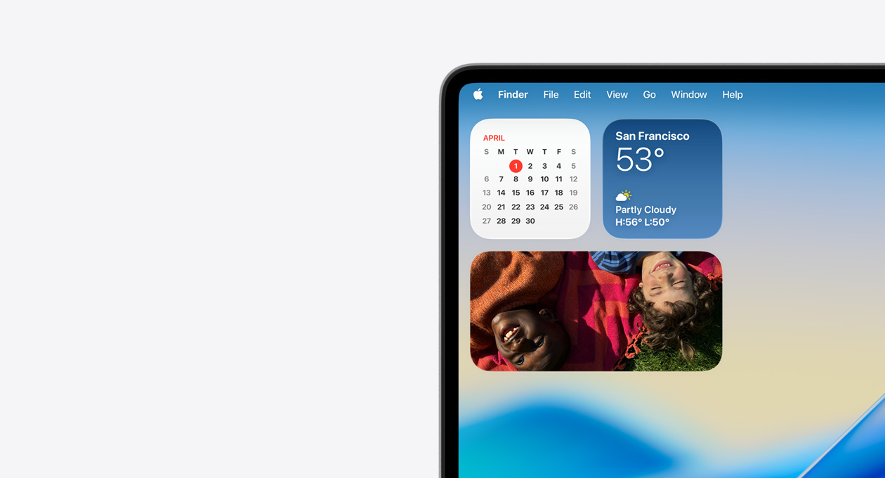 Top-left of Mac device screen showing the transparent Menu Bar and Liquid Glass versions of Weather, Calendar and Photos app widgets in Notification Centre