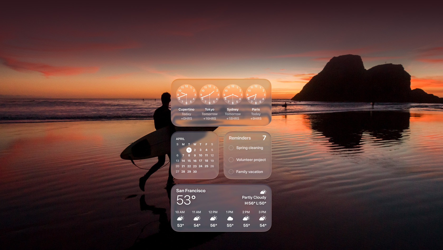 Widgets Horloge, Calendrier, Rappels et Météo en Liquid Glass devant l’image d’un surfeur marchant sur la plage au coucher du soleil