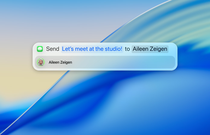 Una persona escribe un mensaje de texto en Spotlight para enviarlo a través de la app Mensajes