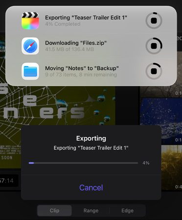 Une liste d’activités en direct simultanément en cours et en exécution, la liste comprend l’exportation d’une bande-annonce, le téléchargement de fichiers volumineux et le déplacement de « Notes » vers « Sauvegarde »