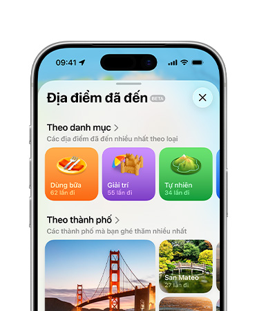 iPhone, top half only, screen shows the visited places feature in the Maps app, including Categories and Cities